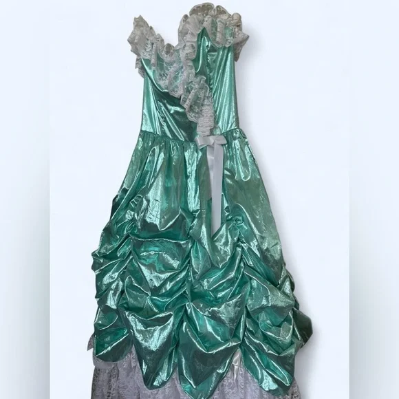 Vintage 1980s Metallic Teal and White Lace Southern Belle Ball Gown Prom  Dress